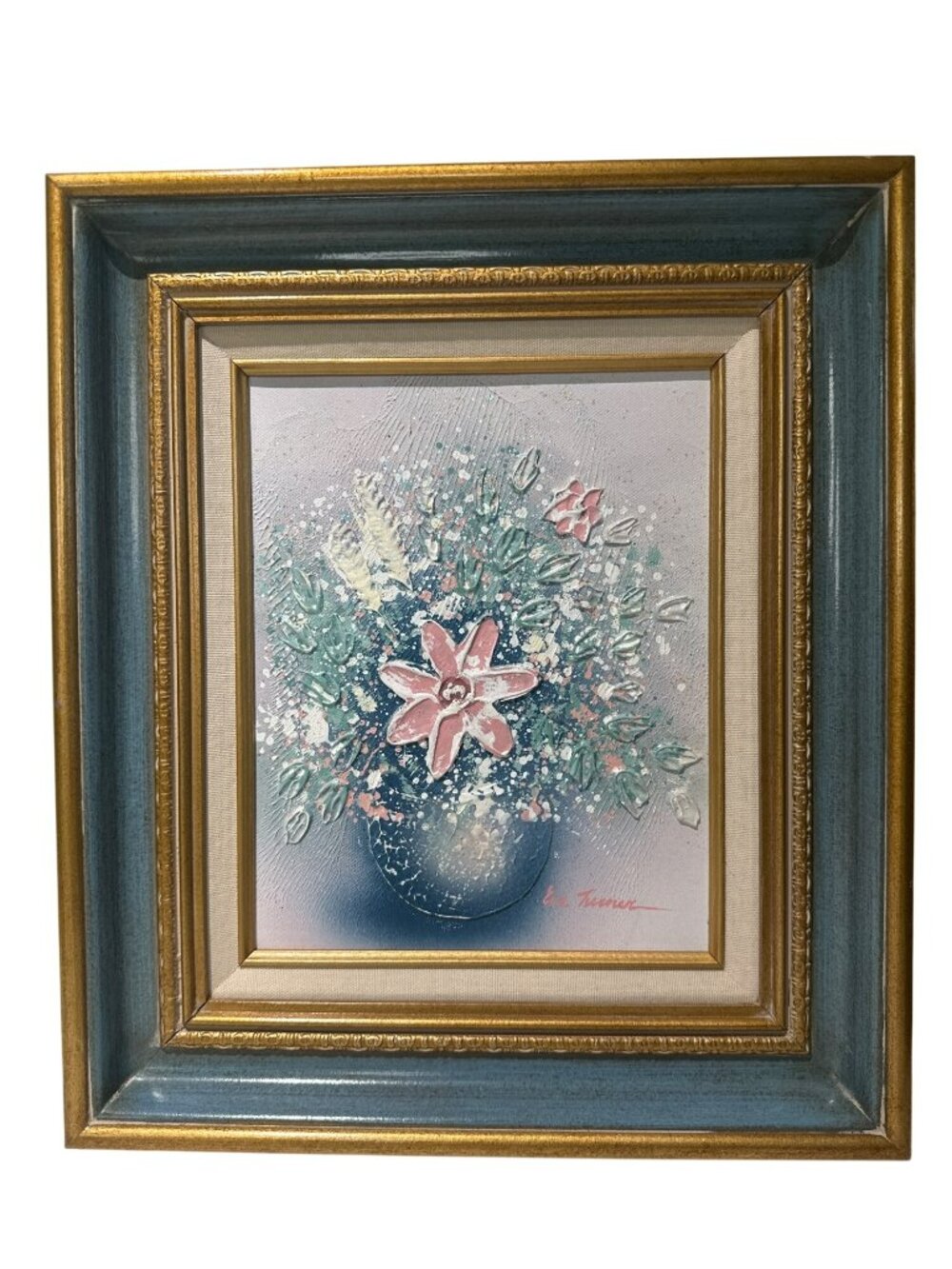 VTG 90s Floral Textured Oil Painting Pink Flower Gold Blue Frame Impasto Glitter